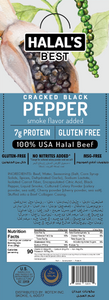 Halal's Best Cracked Black Pepper Beef Stick box view with ingredients